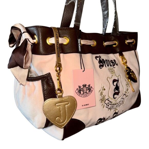 Juicy Couture Pink Velour Brown Faux Leather House of Juicy Daydreamer Tote Bag - Picture 4 of 15